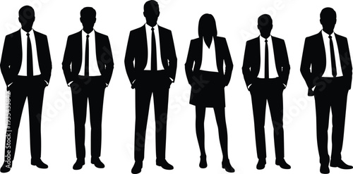 Professional corporate business team silhouette of diverse men and women in suits standing together for leadership career development success and confident office workplace partnership