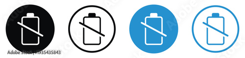 Battery with slash line icon set. Represents disconnected power, charging error, or no battery detected. Includes flat and outline designs in black and blue circles for app interfaces.