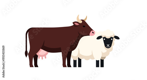 Brown Cow and White Calf Together on Verdant Farm Pasture. Vector Illustrations. EPS Editable