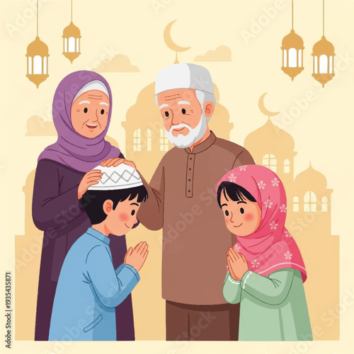 A Muslim family in traditional clothing with hands together in prayer, standing in front of a mosque background with hanging lanterns. Perfect for cultural events, religious celebrations,