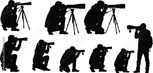 Photographer silhouette set vector, professional camera operator with telephoto lens isolated on white background illustration collection