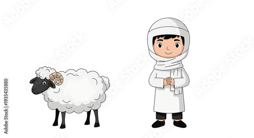 Cartoon Child in Astronaut Suit Beside Friendly Sheep. Vector Illustrations. EPS Editable
