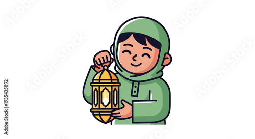 Cartoon Child in Hijab Holding Lantern During Ramadan Celebration. Vector Illustrations. EPS Editable