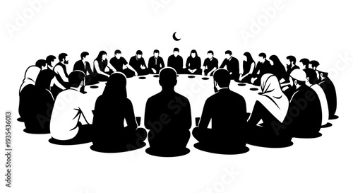 Circle Of People Gathering In A Large Group Meeting Around A Table. Vector Illustrations. EPS Editable