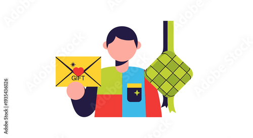 Colorful Courier in Kitchen Apron Delivers Letter Envelope. Vector Illustrations. EPS Editable