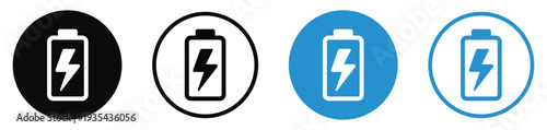 Set of battery charging icons with lightning bolt symbol. Four variations including solid and line styles in black and blue circular frames. Vector illustration for power and energy status.
