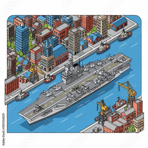 Aircraft Carrier Ship in Harbour Illustration.
