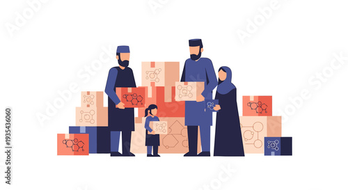 Community Volunteers Distributing Boxes To Families During Aid Handout. Vector Illustrations. EPS Editable