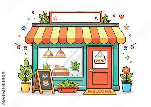 The inviting front of a vibrant bakery or cafe, beckoning customers with a cheerful entrance and charming decor