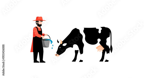 Construction Worker in Orange Vest Beside Cow Silhouette. Vector Illustrations. EPS Editable