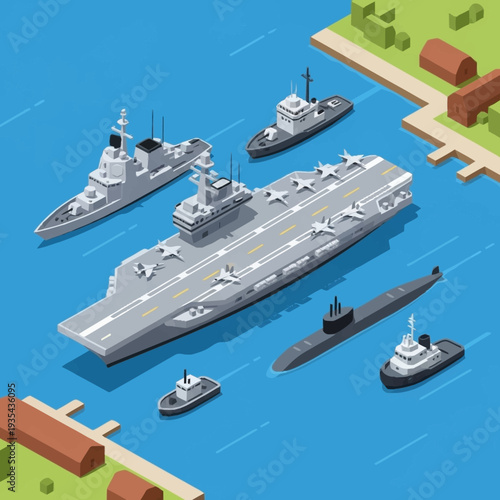 Aircraft Carrier with Escort Ships in Harbor.