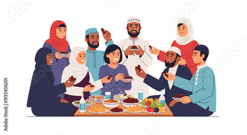 Diverse Family and Friends Sharing a Meal Together. Vector Illustrations. EPS Editable