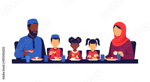 Diverse family dining together around a table. Vector Illustrations. EPS Editable