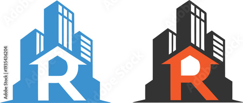 Real estate logo with building and letter R symbols