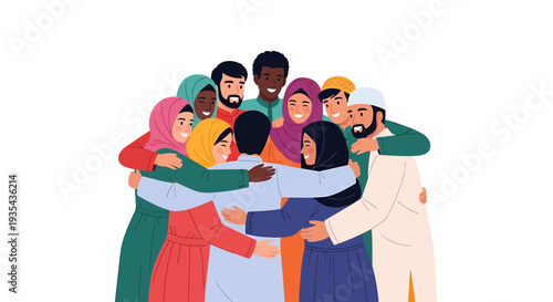 Diverse group embracing in unity and friendship. Vector Illustrations. EPS Editable