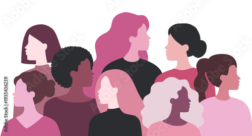 International Women's Day. Multinational diverse group of women in trendy flat minimalist style.