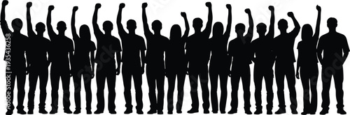Protest crowd silhouette vector, diverse people raising fists isolated on white background demonstration illustration collection