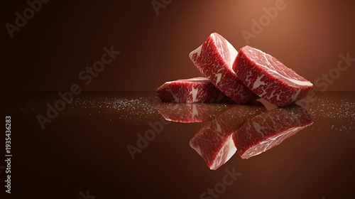 Close-up of premium marbled beef cuts on a reflective surface, showcasing rich textures and vibrant colors.