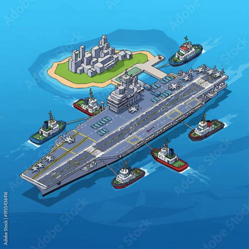 Aircraft Carrier with Escort Ships at Sea.