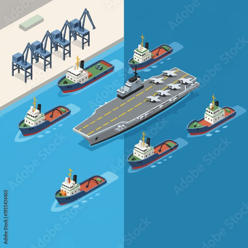 Aircraft Carrier with Escort Ships and Port.
