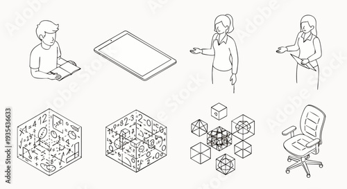 Isometric line art icons collection featuring technology, education, business, and data concepts. Digital learning, office environment, and abstract network visuals.