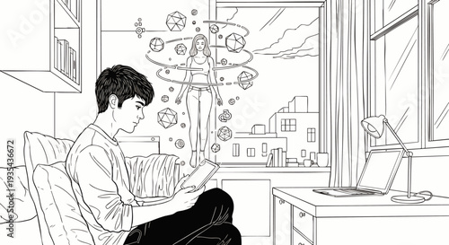 Young man on a couch at home, captivated by a virtual projection of a woman and abstract elements emanating from his tablet, symbolizing digital immersion.