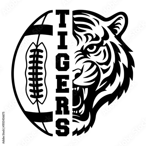 Tigers Football Mascot Design, Tiger Head Split With American Football Ball, Sports Team Logo Silhouette, Fierce Wildcat Athlete Graphic