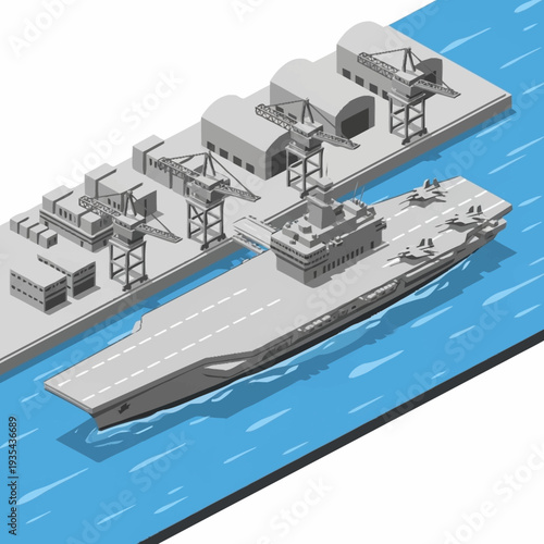 Gray Naval Ship Docked at Industrial Port.