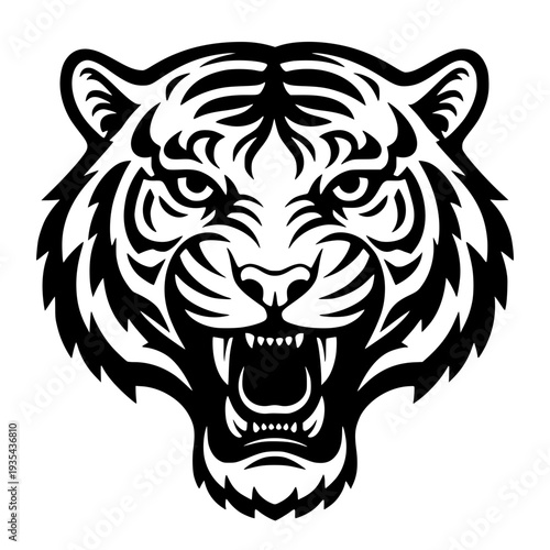 Fierce Roaring Tiger Head Silhouette, Wild Jungle Cat Predator Face, Majestic Wildlife Animal Portrait, Aggressive Tiger Mascot Design