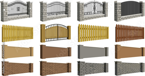 Collection of decorative fence gates and wall sections vector set including wrought iron ornate gates, wooden picket fences, brick and concrete panels with entrance designs
