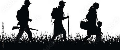 Refugee family silhouette walking through grass with soldier and child, migration crisis concept vector illustration isolated on white background