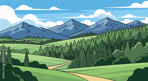 Idyllic natural scenery displaying distant mountains, a wide blue sky with clouds, rolling green hills, a lush forest, and a meandering trail, suitable for various outdoor and environmental