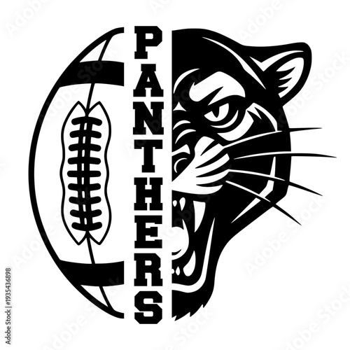 Panthers Football Mascot Logo, Black Panther Head Combined With American Football Ball, Sports Team Identity Silhouette, Fierce Wildcat Graphic