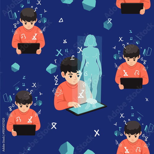 Seamless pattern: Young men using tablets, surrounded by digital symbols and holographic projections. Future education, augmented reality, and technology.