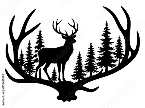 Majestic Elk Silhouette Inside Large Deer Antlers, Forest Landscape With Pine Trees Scene, Wilderness Wildlife Nature Graphic Design