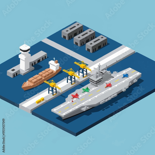 Isometric Illustration of Aircraft Carrier and Ships.