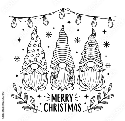 Three Cute Christmas Gnomes With Festive Hats And Beards, Holiday String Lights Decoration, Winter Season Celebration Graphic Design