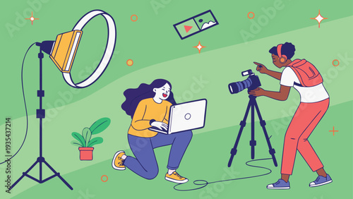 Content creators filming a video in a professional studio with a ring light and laptop in this flat vector illustration for digital marketing.