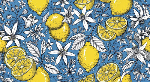 Vibrant botanical composition featuring fresh ripe yellow lemons, sliced citrus fruits, and delicate white blossoms with green leaves against a refreshing blue background for various
