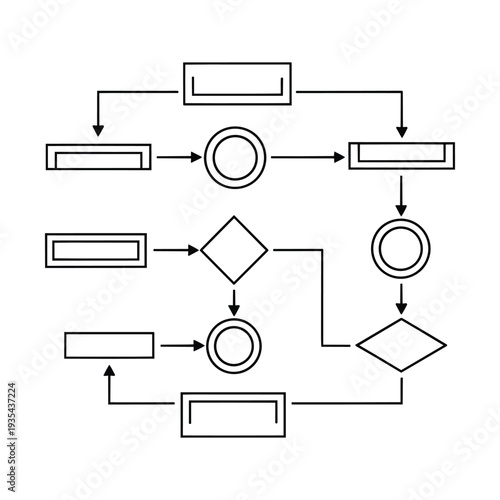 Symmetrical workflow diagram template with double lined borders and geometric shapes for documenting business rules operational efficiency audits and systematic problem solving methodologies in detail