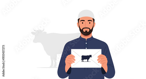 Friendly Farmer Holding Cow Sign Illustration For Agriculture Concept. Vector Illustrations. EPS Editable