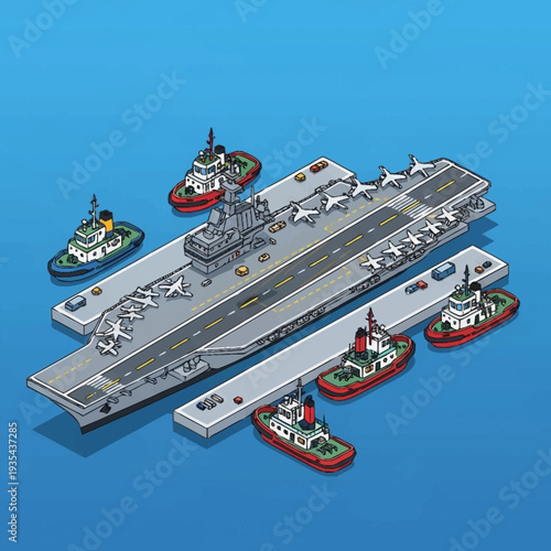 Aircraft Carrier with Escort Ships Isometric View.