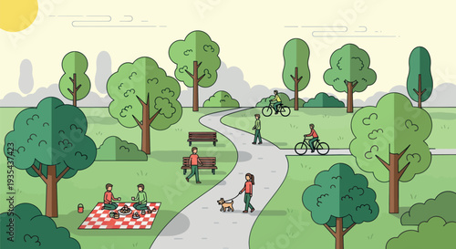 A vibrant green park scene with diverse people engaging in leisurely outdoor activities like picnicking, walking a dog, and bicycling on a sunny day, suitable for recreation and lifestyle