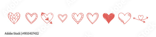 Collection of various hand drawn hearts doodles with arrows and different patterns vector illustration