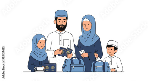 Family Travelers At Airport With Passports And Luggage. Vector Illustrations. EPS Editable