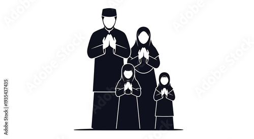 Family Worship Moment Silhouette Prayer Together. Vector Illustrations. EPS Editable
