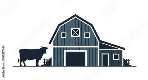 Farm Barn Scene with Cow and Barnyard Silhouette. Vector Illustrations. EPS Editable