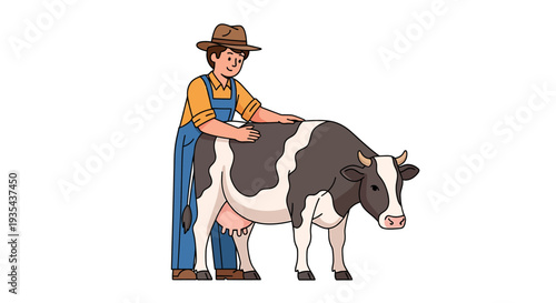 Farmer Milking a Cow in Traditional Rural Scene. Vector Illustrations. EPS Editable