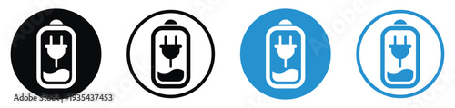 Battery charging icons featuring an electric plug with a lightning bolt. Four variations in black and blue circular frames representing power connection and active device charging status.
