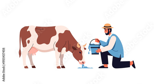Farmer Kneeling Beside Cow Drinking Water. Vector Illustrations. EPS Editable